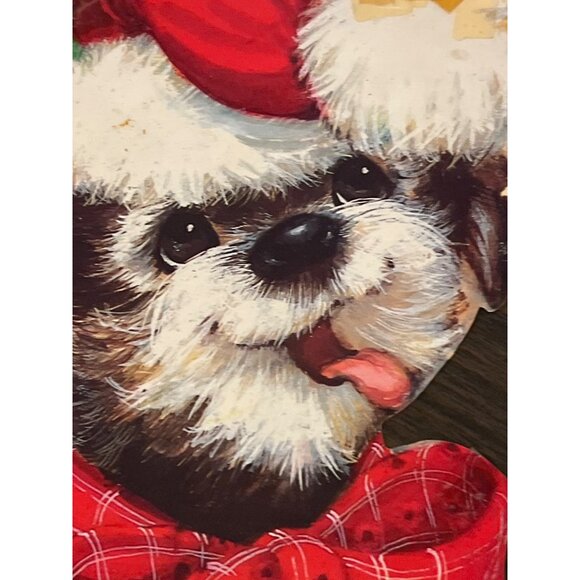 Vintage Eureka Holiday Puppy Dog Die Cut Double Sided Red Bow Hat Holly 15" - Picture 3 of 4